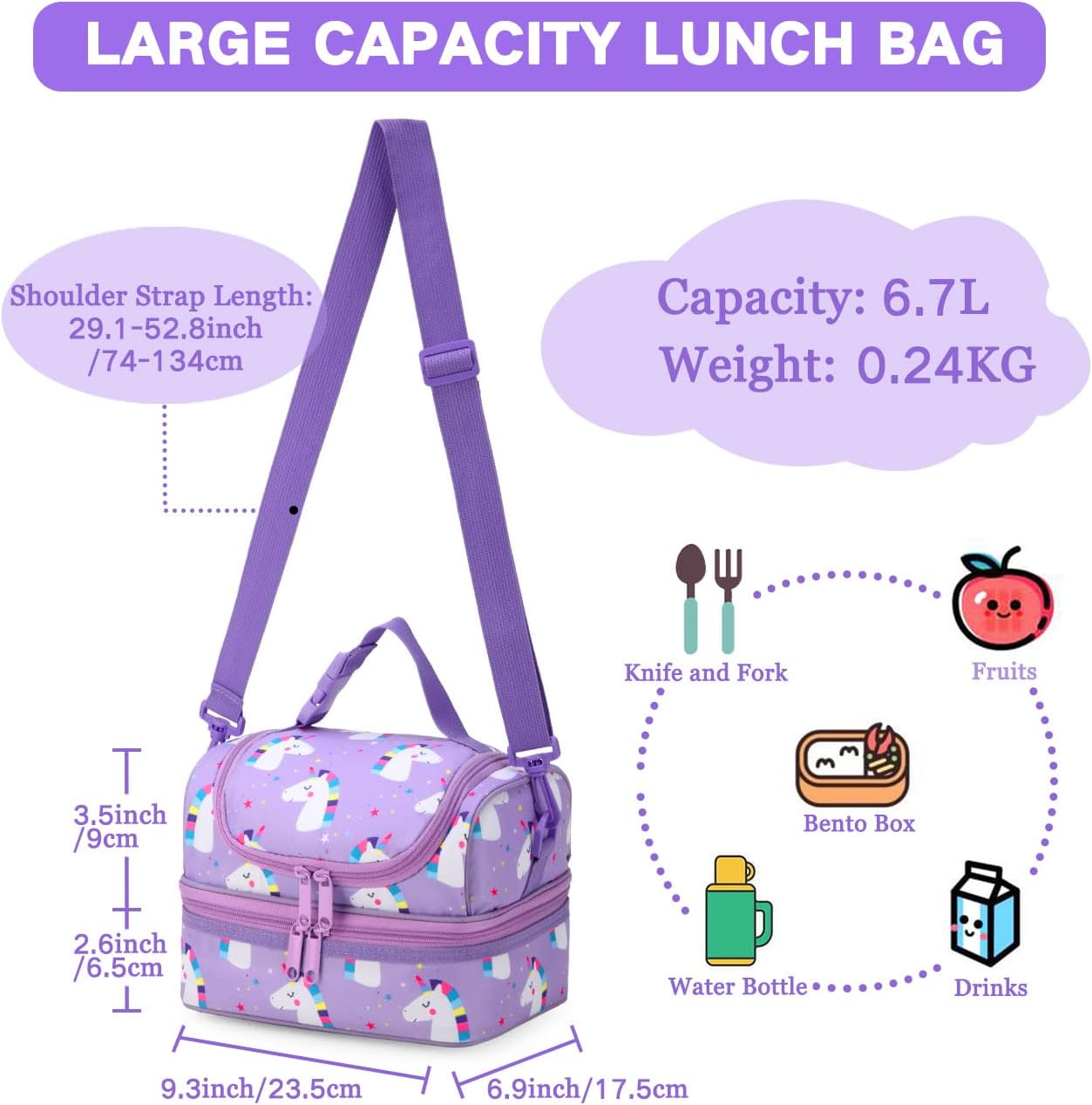 VASCHY Lunch Box Bag Kids, Insulated Two Compartments Cooler Bags Girls/Women w Shoulder Strap for School,Daycare,Kindergarten,Picnic Unicorn