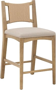 Nathan James Elodia Boho Counter Height Bar Stool with Back, Woven Seagrass Backrest and Solid Wood Frame, Light Brown