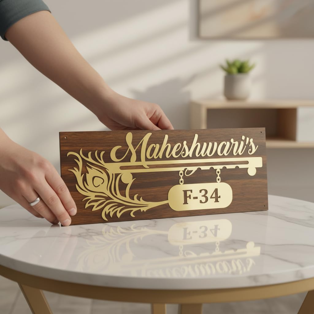 Personalised Home Door Name Plate Acrylic Embossed Letters With Mirror Shine Wood Craft Golden Acrylic Morpankh With Flute Customized Home Name Plate (Gold, 16 * 8) — Amazon image 8
