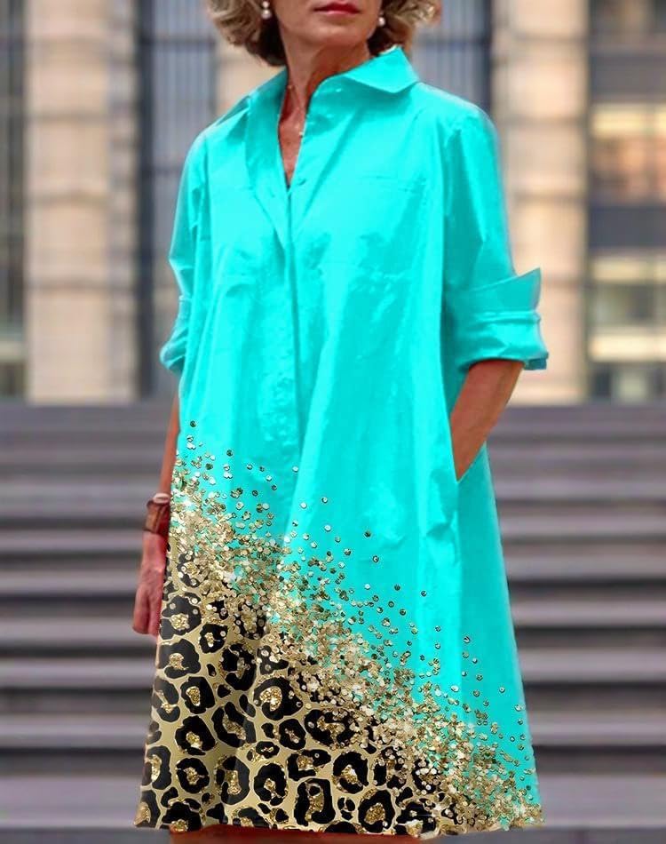 Womens 2025 Long Sleeve Button Down Shirt Summer Dress Casual V Neck Loose Fit Midi Shirt Dresses with Pockets - Image 3