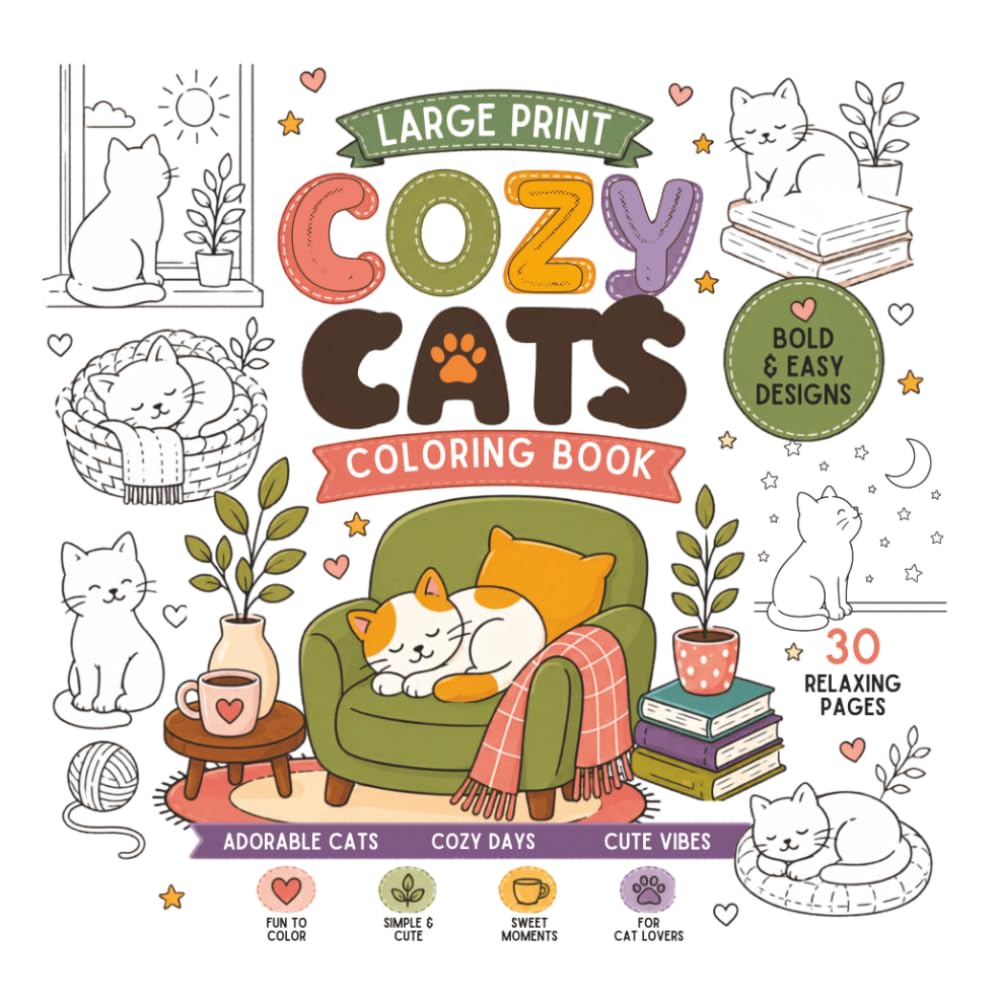 COZY CATS COLORING BOOK: Large Print, Bold & Easy Designs - 30 Relaxing Pages of Adorable Cats, Cozy Days and Cute Vibes for Cat Lovers of All Ages (CUTE & COZY VIBES COLORING)