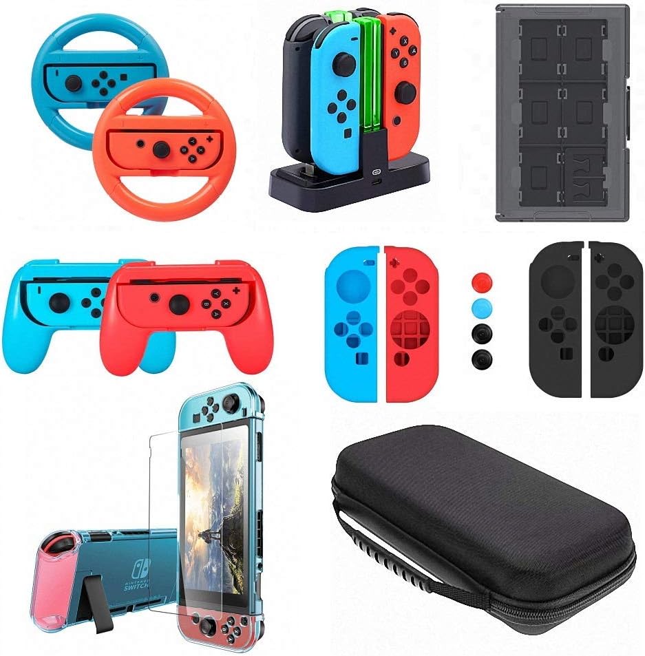 17-in-1 AROEK Accessories kit for Nintendo Switch, include Carrying Case, Switch Clear Cover Case,Joy-Con Silicone Protective, Charging Dock, Game Card Case, Steering Wheel, Grips, Screen Protector
