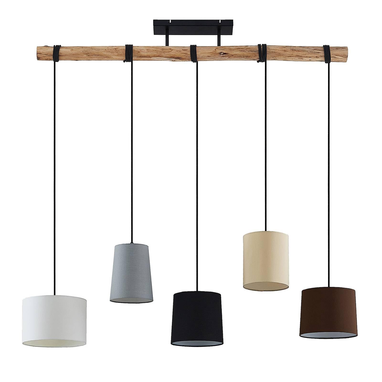 Lindby Esstisch Pendelleuchte Holz, Textil Balkenpendelleuchte Holzast und Stoff Lampenschirm Hängelampe Lampe Wohnzimmer 5x E27 ohne Leuchtmittel