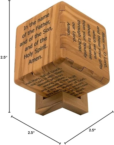 Miniatura 4 de Cubo de oración de madera de olivo con soporte  Seis caras con una oración cristiana grabada en cada lado  Our Father, Hail Mary, Glory Be  Gran