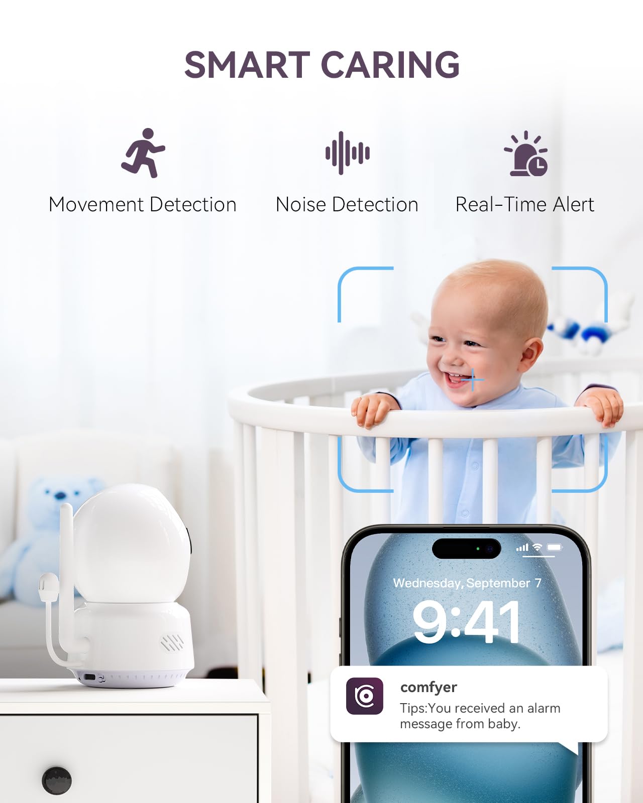 Comfyer BM02 Kamera Inteligentna dla Niemowląt z 2K, 5" Wyświetlaczem HD, Kamera Wideo dla Niemowląt z Wi-Fi, Noktowizor IR, Automatyczne Śledzenie, Wyświetlacz Temperatury, Wykrywanie Ruchu/Dźwięku