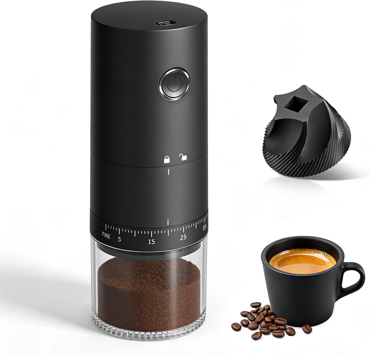 LAMIDO Moulin à café électrique portable – Moudre pendant la charge – 38 réglages externes réglables – Broyage 1,8 x plus rapide – Batterie rechargeable de 2000 mAh pour voyage, camping – Noir mat