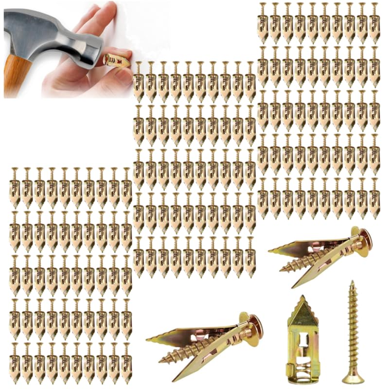 PUSKIU 2024 Upgraded Self-Drilling Anchors Screws, Zinc Plated Steel Self-Drilling Anchors Self Drilling Drywall Anchors with Screws Easy Application No Drill or Holes in Wall Drywall Anchors, Gold