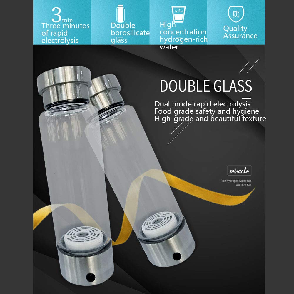 Generador De Agua Rica En Hidrógeno Ionizador De Agua Alcalina 3 Minutos Descarga De Alta Concentración Ozono Y Cloro Portátil USB Recargable Botella De Vidrio De Alto Borosilicato,350ml