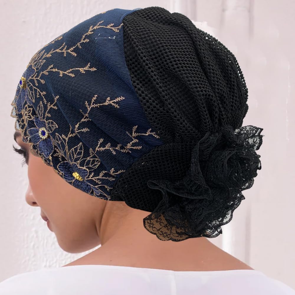 2pcs Floral Embroidered Turban Cap for Women Muslim Lady Wrap Head Bonnet African Female Headwrap Hijab Volumizer Cap - Image 3
