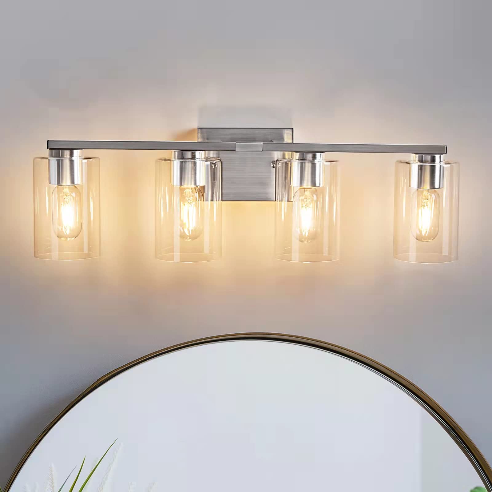 Brushed Nickel Bathroom Light Fixtures 4-Light Bathroom Vanity Light with Clear Glass Shade, Vanity Lights for Bathroom Metal Wall Sconce for Living Room Bedroom Hallway(E26 Base)