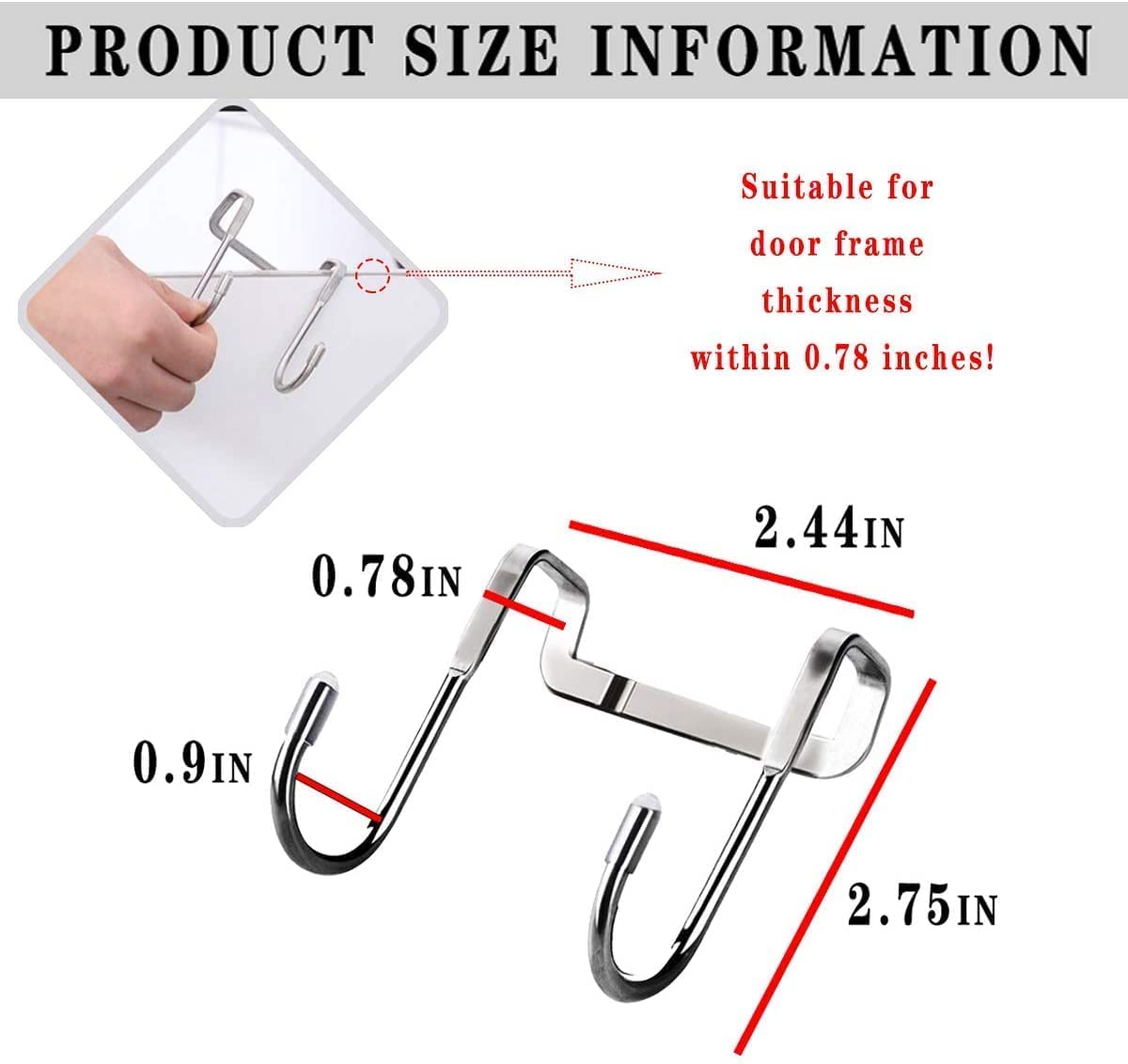 JIALTO® 2 PCS Over The Door Drawer Cabinet Hook, S.S 304 Stainless Steel Double S-Shaped Holder Hanger, Heavy Duty Free Punching Door Back Hanging Clothes Organizer (Silver) - Image 9 thumbnail