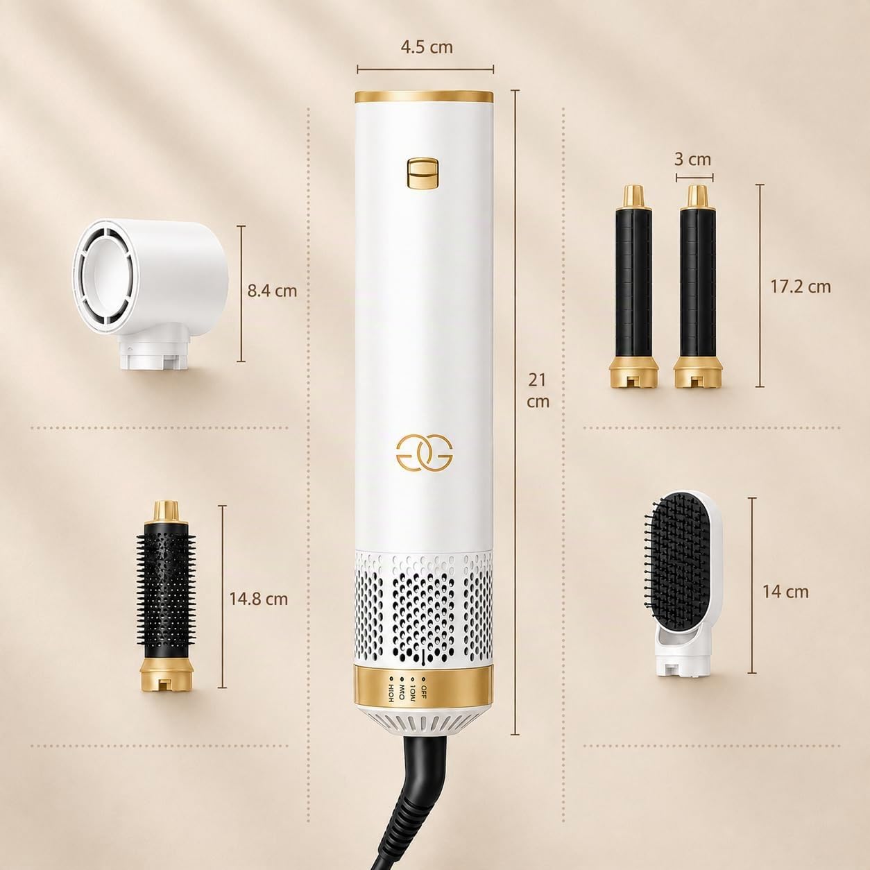 Cepillo secador de pelo 5 en 1 Golden Goods Multistyler, secador Airstyler con 5 accesorios cepillo de peinado caliente, secador ionico, Para alisar, rizar y secar, White/Gold Edition