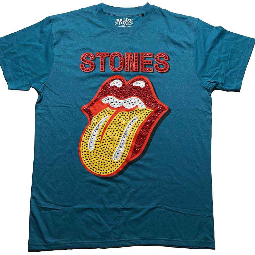Rolling Stones Unisex Blue The T Shirt Diamante Tongue Logo Official Teal M