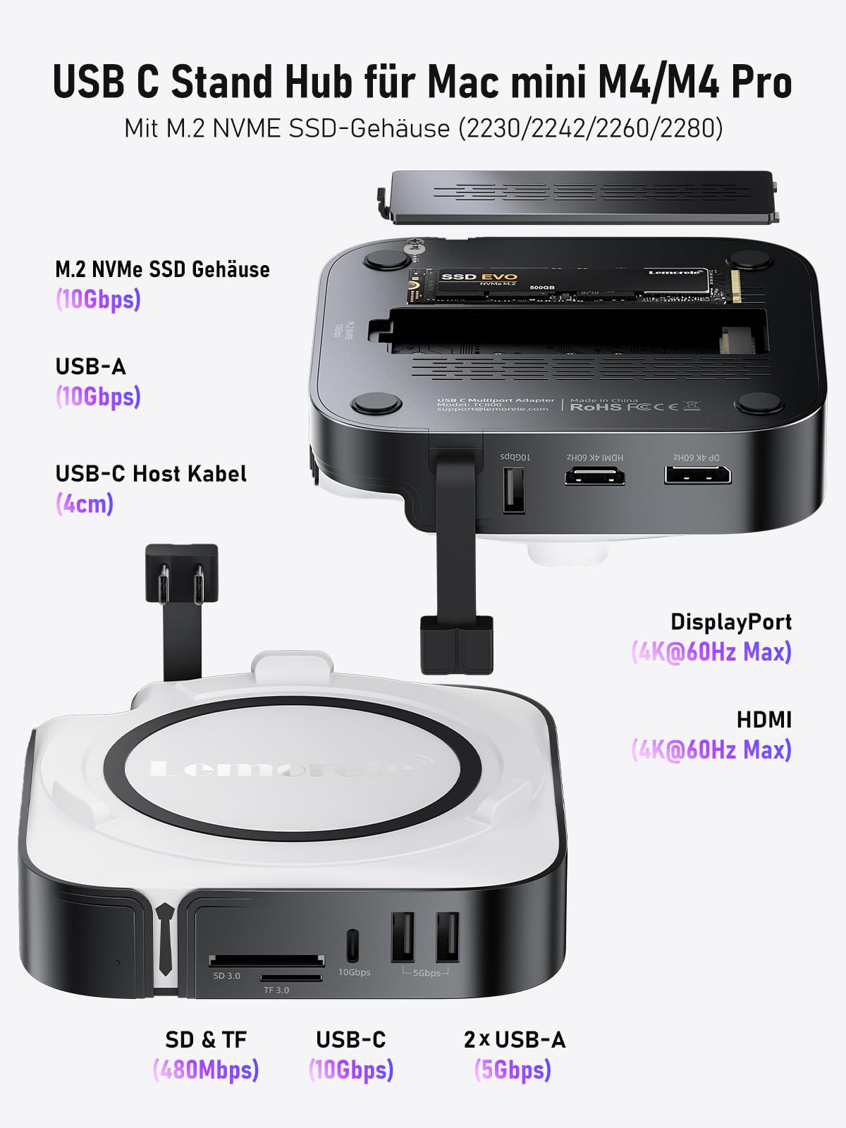 Lemorele Mac mini M4 Dock con DisplayPort 4K@60Hz per configurazioni a doppio monitor, 4 porte USB 3.2/3.0, slot SSD M.2 NVMe a 10Gbps, lettore di schede SD/TF con Mac mini M4/M4 Pro