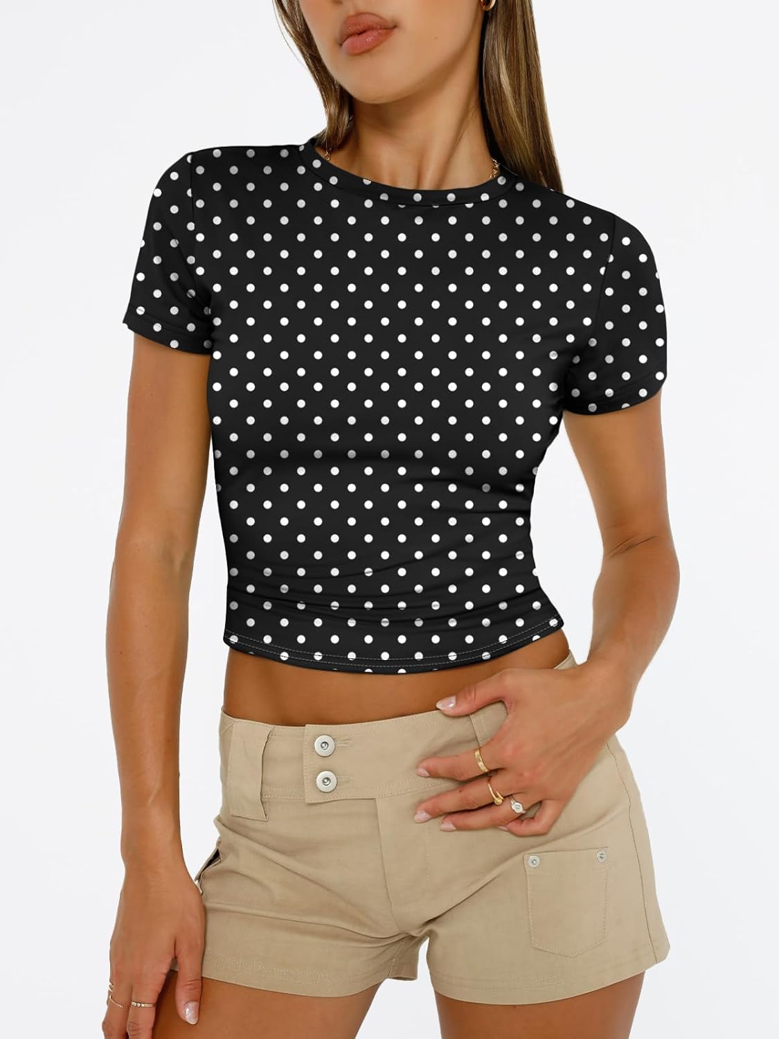 Trendy Queen Womens Short Sleeve T Shirts - Buttery Soft Summer Crop Tops Slim Fit Y2k Basic Tees for Workout thumbnail