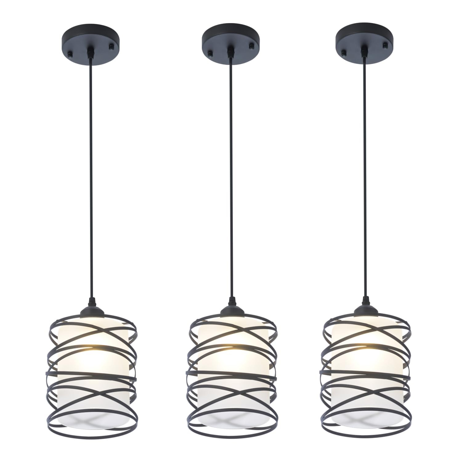 3-Pack Modern Mini Pendant Light Fixture Kitchen Island Pendant Lighting 5.9''Matte Black Spiral Cage and Handblown Frosted Glass Shade Adjustable Cord for Dining Room Hallway Entryway