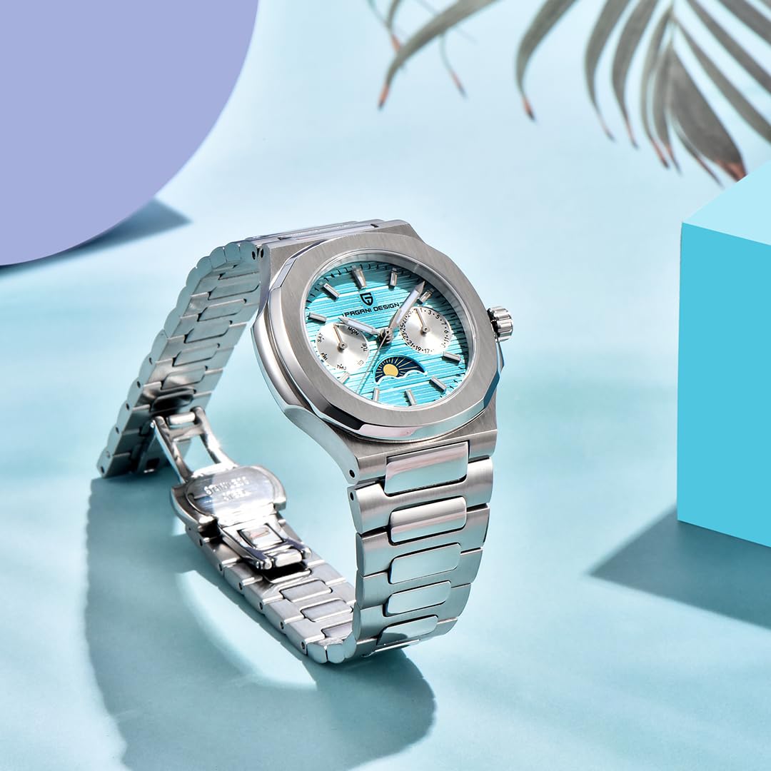 Quarz Damenuhren Luxus Edelstahl Wasserdicht Armbanduhr für Frauen Damen Armbanduhr Synthetischer Saphir Auto Datum Mondphase Wochenanzeige