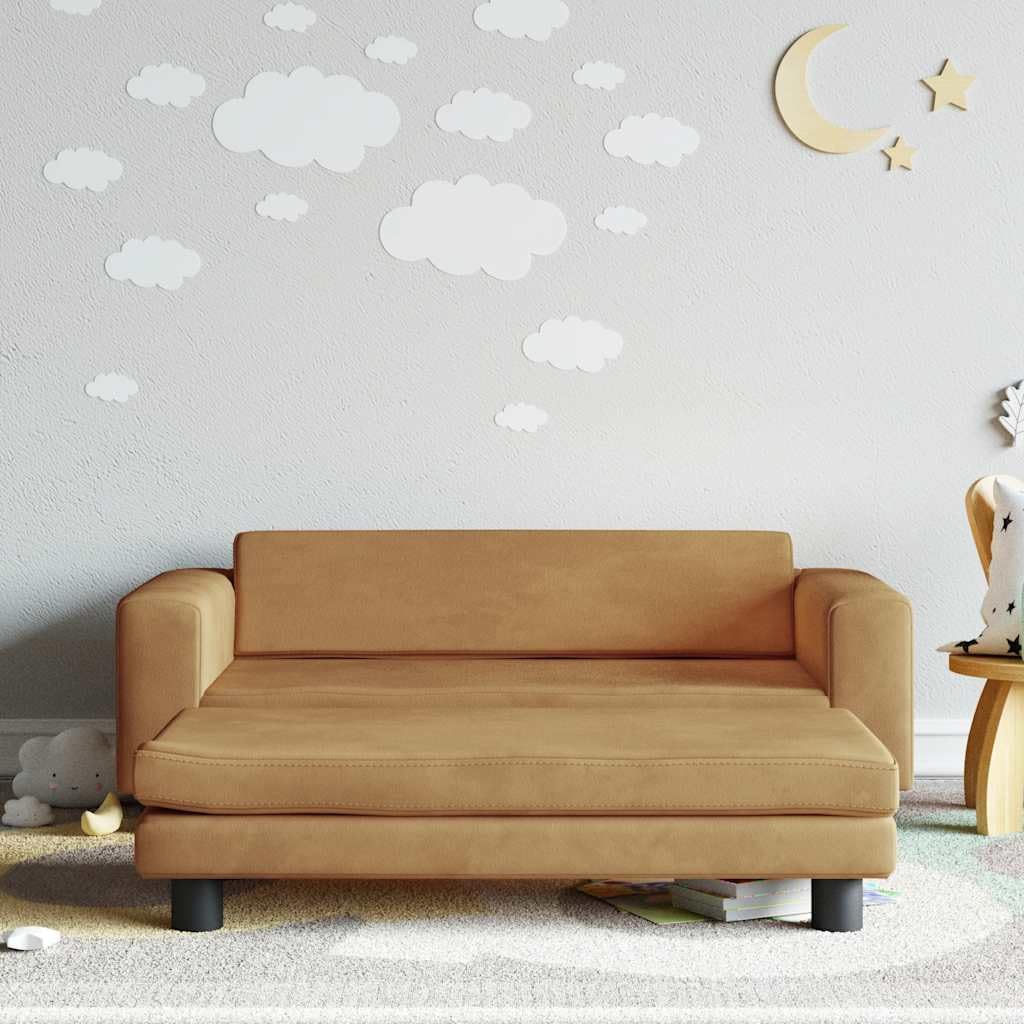 Sofa dziecięca z taboretem brązowa z aksamitu, 100 x 50 x 30 cm, wyściełana pianką, lite drewno sosnowe, do pokoju dziecięcego, ławki, krzesła, stołu, miejsca do przechowywania i zabawek na