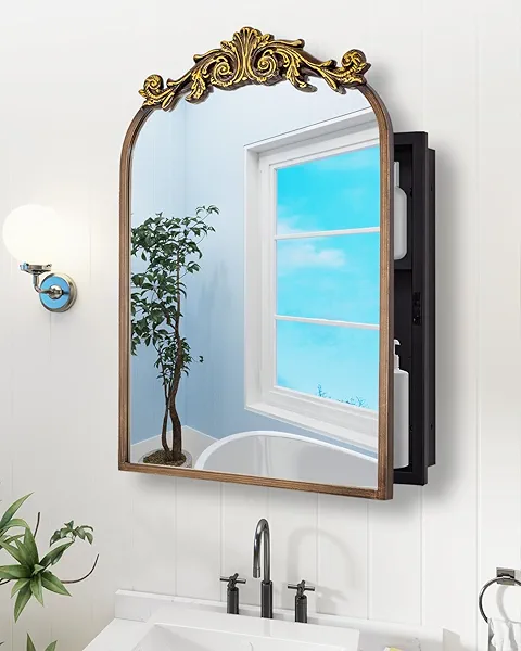 20"x30" Vintage Arched Bathroom Medicine Cabinet with Mirror, Hand-Painted Flower on Aluminum Frame Art Decor Medicine Cabinets Recessed/Wall Mounted, 2 Stable & Removable Shelves and 1 Organizer