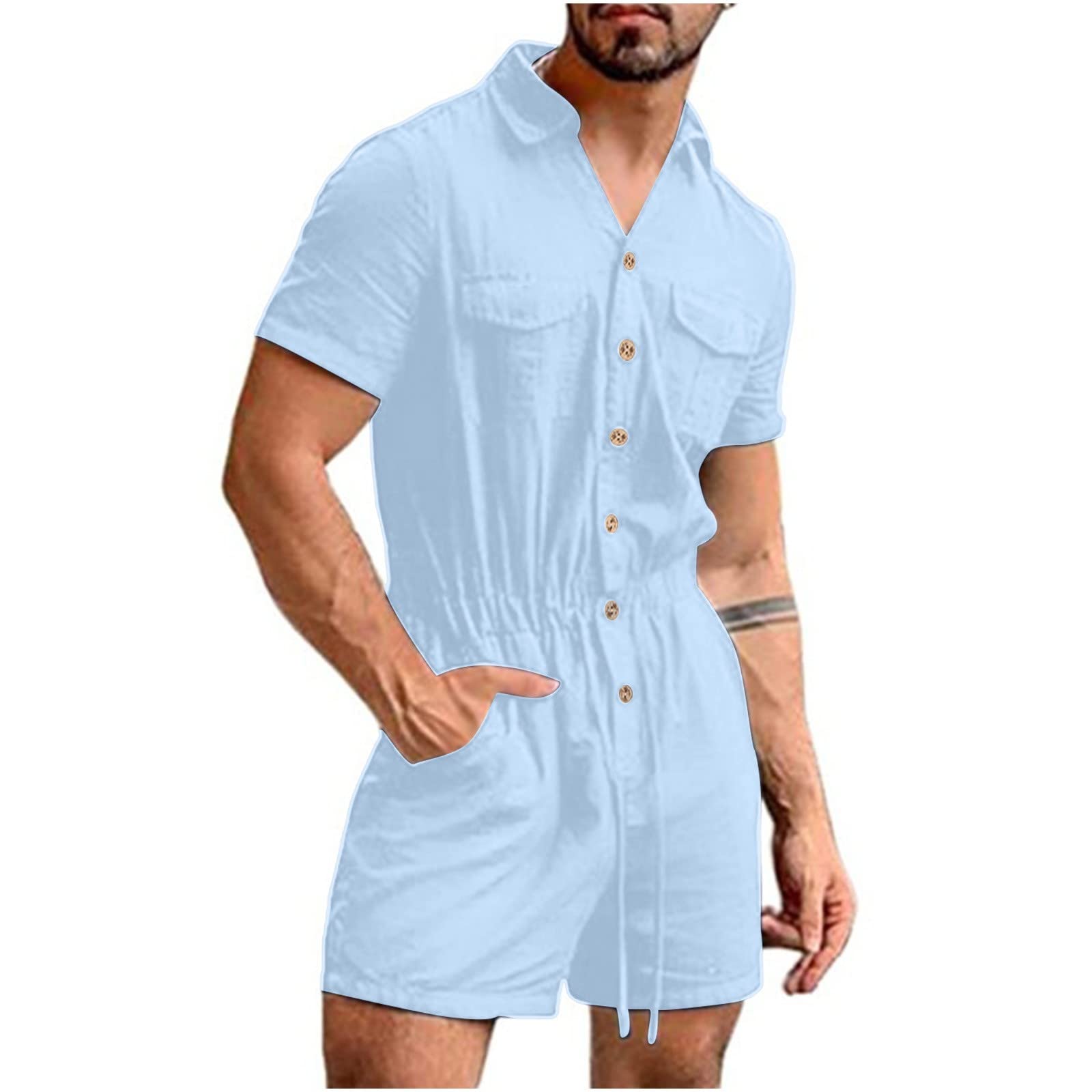Lässige Jumpsuits mit Taschen: Sommer-Overall, kurz, Herren-Loungewear-Set, Baumwoll-Leinen-Latzhose, Ober- und Hosen-Sets, Herren, Sommer, schmal, einteilige Hose, modisch, lässig, Knopf-Shorts