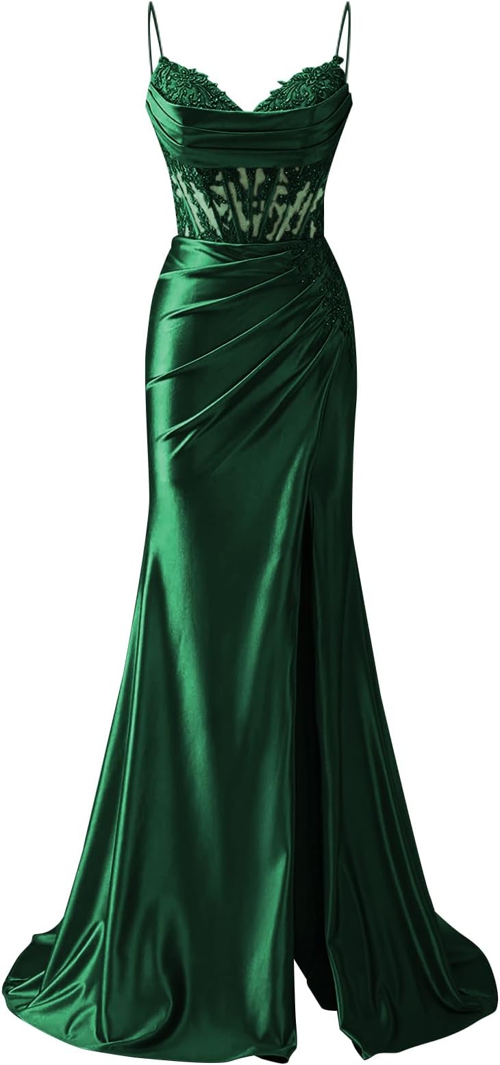 Lace Appliques Satin Prom Dresses for Women with Slit V-Neck Backless Long Mermaid Evening Formal Gown