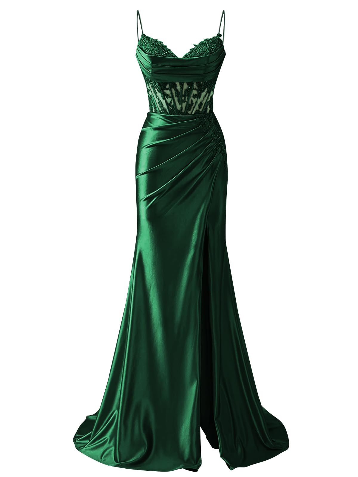 Lace Appliques Satin Prom Dresses for Women with Slit V-Neck Backless Long Mermaid Evening Formal Gown