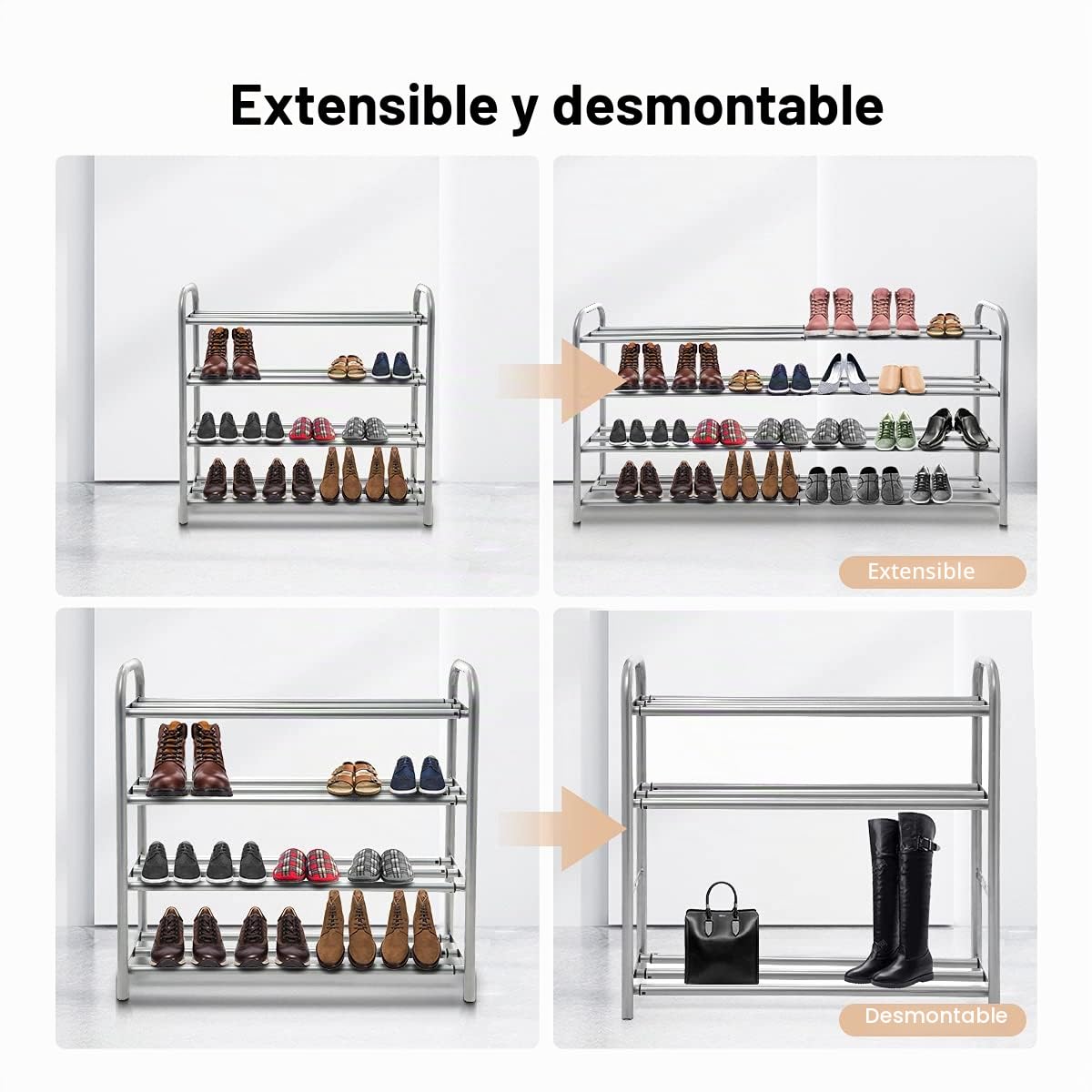 Zapatero de 4 Niveles Extensible Estable Metálico Zapateros Estanteria Resistente y Duradero para 20+ Pares de Zapatos (60-100) x 22,5 x 61,5 cm