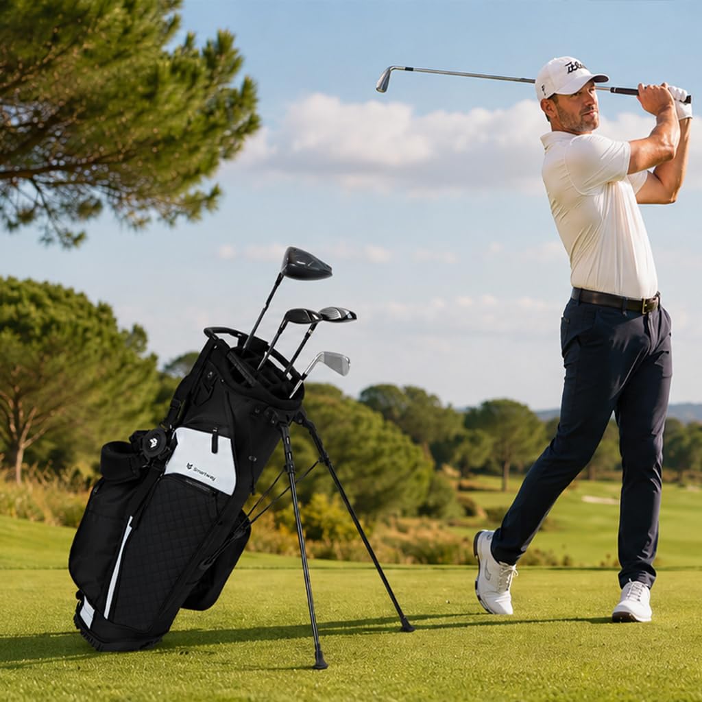 Condition photo showing New/Like New for smartway 14 way golf stand bag, lightweight carry bag with dual straps | 10-pocket golf bag with waterproof valuables pocket, cooler pocket and rain cover; ergonomic dual straps for men and women.