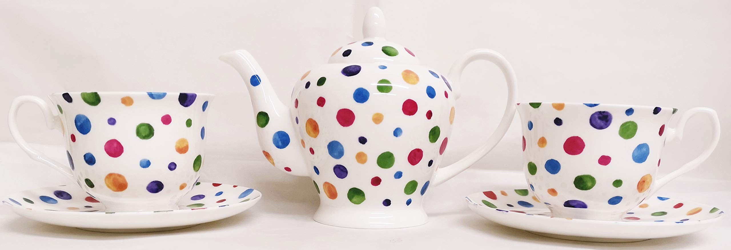 Rainbow Decors Ltd Polka Dot Tea Set for Two Fine Bone China Multi Colour Spotty 1 Teapot 2 Cups & 2 Saucer