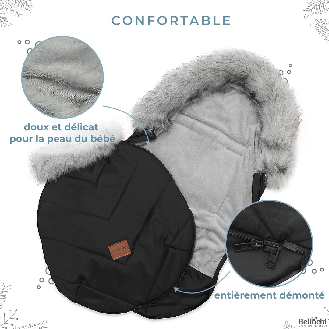 Bellochi Chanceliere Universelle pour Poussette - Chanceliere Cosy et Chaude avec Fermeture Éclair - Capuche Réglable et Col Fourrure Amovible (X - Noir)