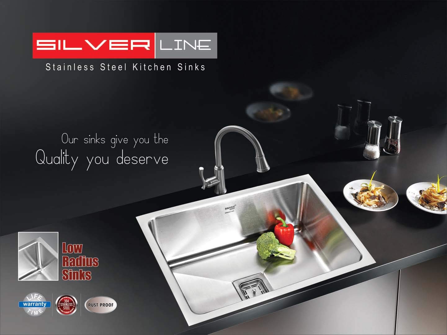 SILVER LINE Stainless Steel Grade 304 Kitchen Sink (24"x18"x10"Low Radius) 3