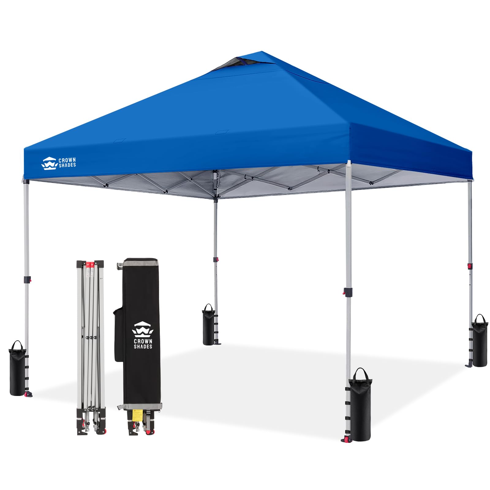 10x10 Pop Up Canopy - Beach Tent with One Push Setup - Easy Outdoor Sun Shade for Events, Parties, Camping - Gazebo with STO-N-Go Cover Bag, Silver Coated Top, Blue