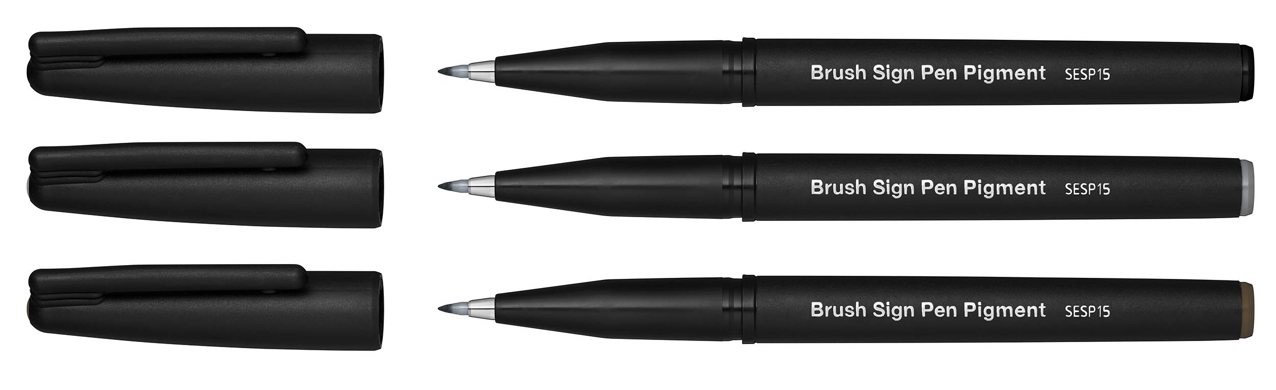 Pentel SESP15 Brush Sign Pen Pigment Marker Tip Fiber Flexible Pigment 3pcs (Black, Grey, Sepia)
