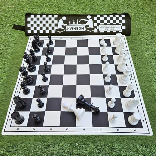 Image of Vinson Tournament Chess Set with Vinyl Foldable Roll-up Black & White Matt, 32 Big Solid Plastic Heavy Weight Pieces & 2 Extra Queens with Storage Bag, Size - 17 inch by 17 inch