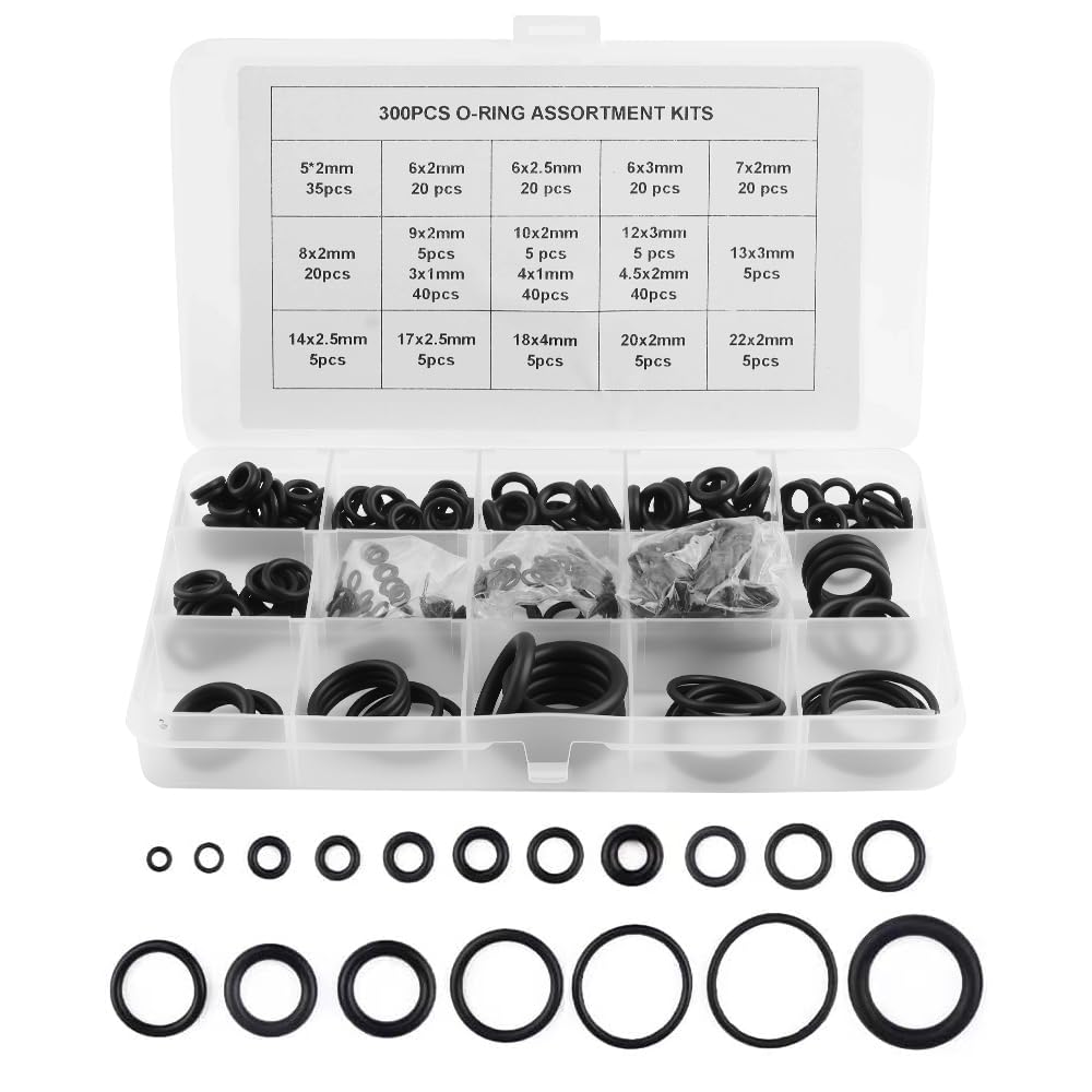 300PCS O Ring Kit Set,18 Size Rubber O Ring Assortment Hose Washers for Automotive Repair,Air or Gas Connections,Professional Car Accessories O-Rings Gaskets Washers (300Pcs)