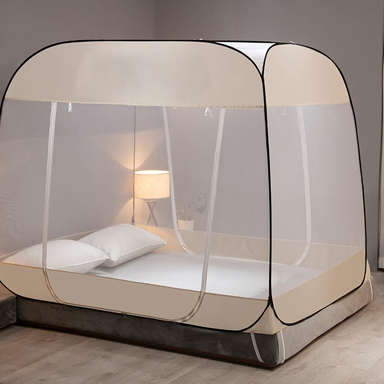 Pop Up Mosquito Net for Bed Portable Tent Travel Bed Net Mongolian Dome and 3 Doors Foldable for Outdoor Trip Adult (Color : Beige, Size : 150 * 200cm)