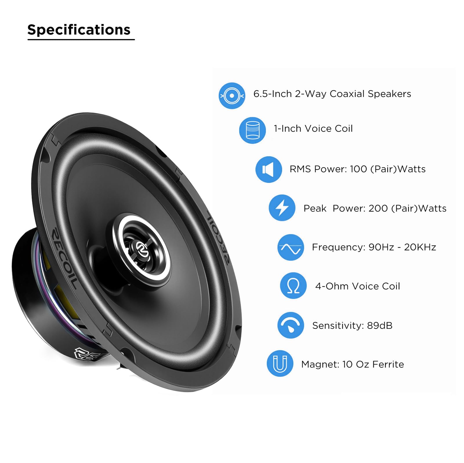 RECOIL RCX265 Echo Series 16,5 cm (6,5 Zoll) 2-Wege-Koaxiallautsprecher, 100 W RMS / 200 W Spitze, PEI-Hochtöner, bassbetontes Design, Paar