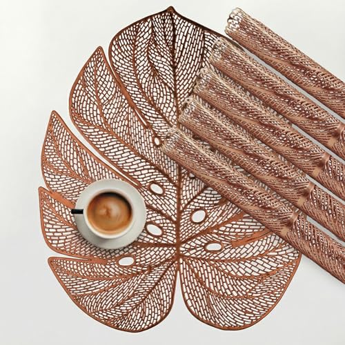 Image of Kuber Industries Leather Table Mats Set of 6 | Washable Placemat /Dining Table Mat for Wedding and Family Functions | Big Patta Design - Copper