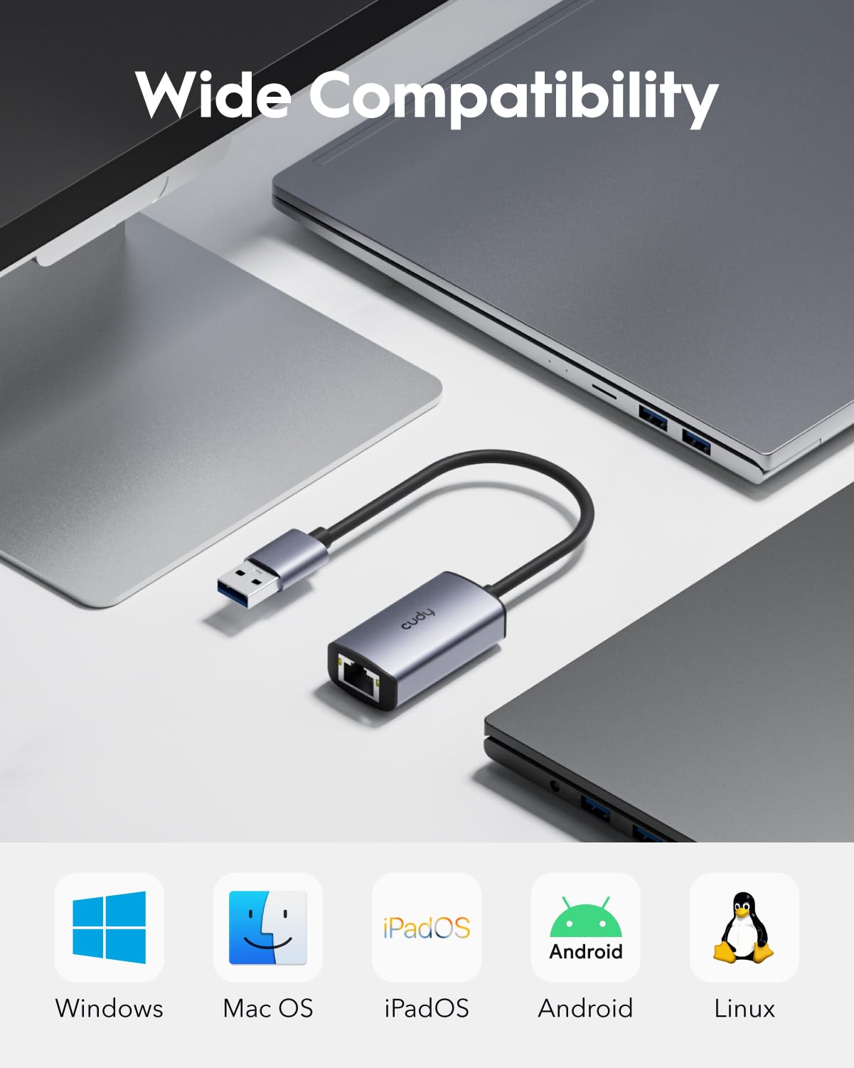 Cudy Adattatore Ethernet USB-A, adattatore di rete USB 3.0 Gigabit, adattatore di rete LAN in alluminio RJ45 senza driver, compatibile con Switch, MacBook, TV Box, XPS, Steam Dec, UE10A