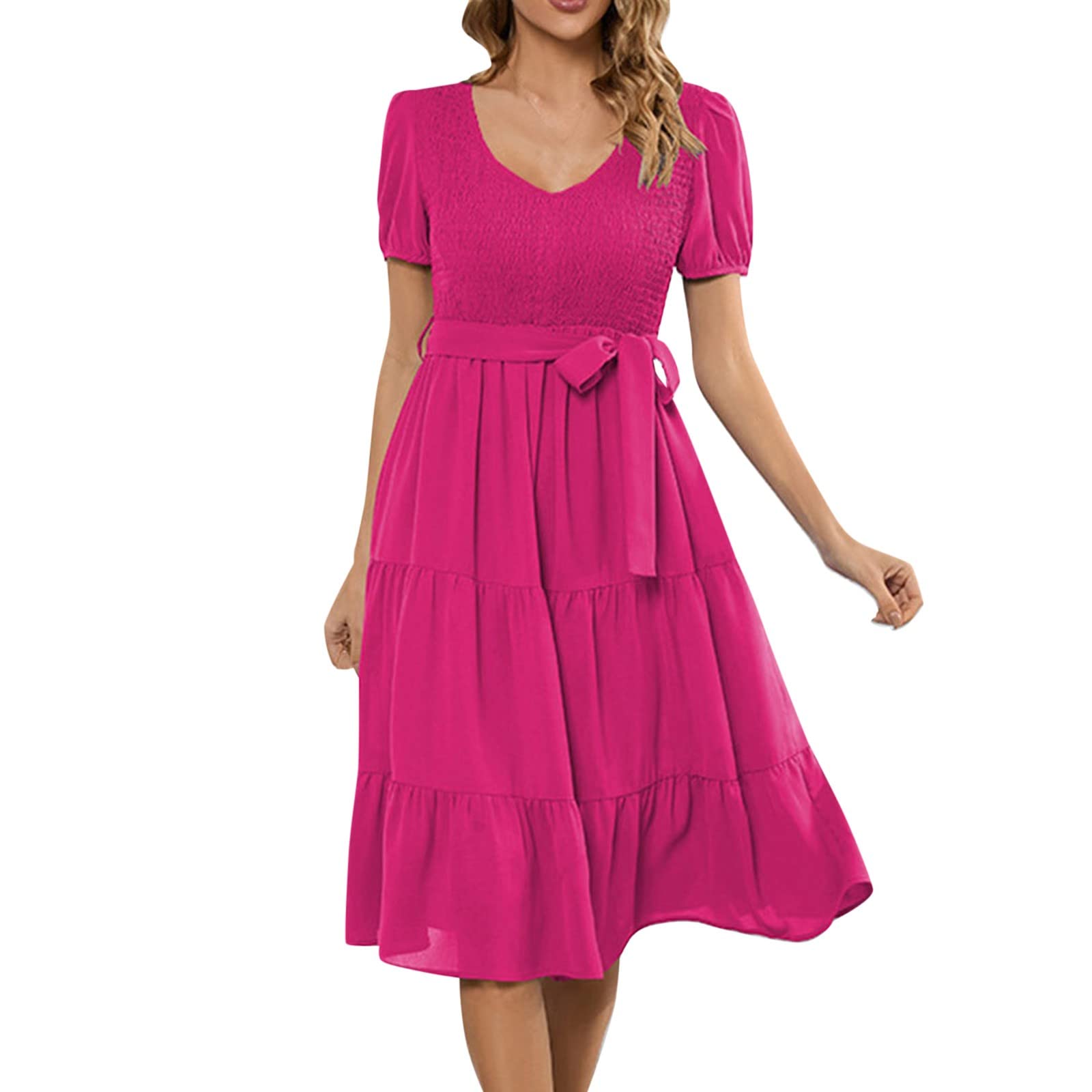 YANJI Vestidos De Novias Sencillos Vestido Midi Escalonado con Cintura elástica y Cuello en V de Manga Corta con aleteo Informal de Verano 2023 para Mujer Vestidos Invitada Boda 2023