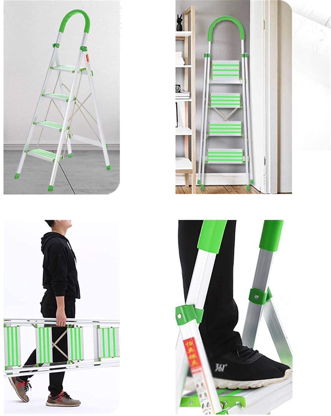 Drabiny, aluminiowa 4-stopniowa drabina z zielonymi poręczami, przenośne składane drabiny antypoślizgowe z podkładkami pod stopy do przycinania liści, 44 x 80 x 150 cm (44 x 80 x 150 cm)