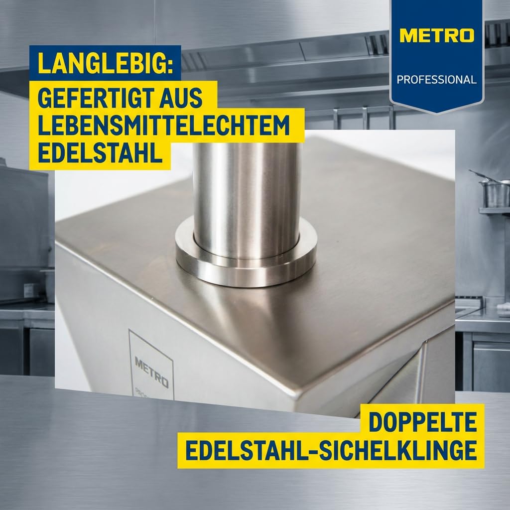 METRO Professional Currywurstschneider GWS1000 - Edelstahl, 29 x 24,5 x 36,5 cm, einstellbare Schnittstärke 5-30 mm, doppelte Sichelklinge, 135 W, Sicherheitsfunktion, kompakt & hygienisch, silber