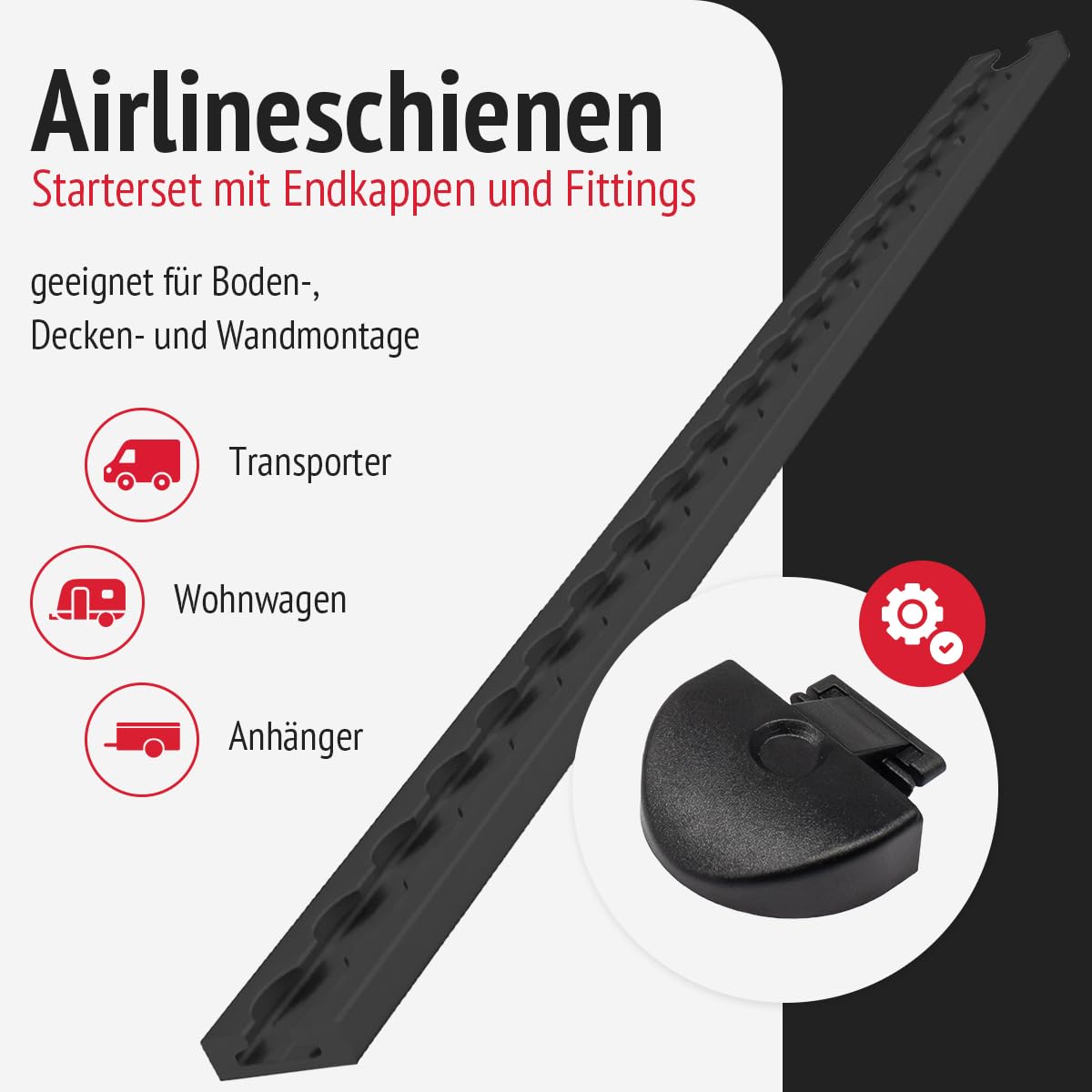 4 Airlineschienen eckig, schwarz 2 m mit 8 Endkappen, 8 Fittingen
