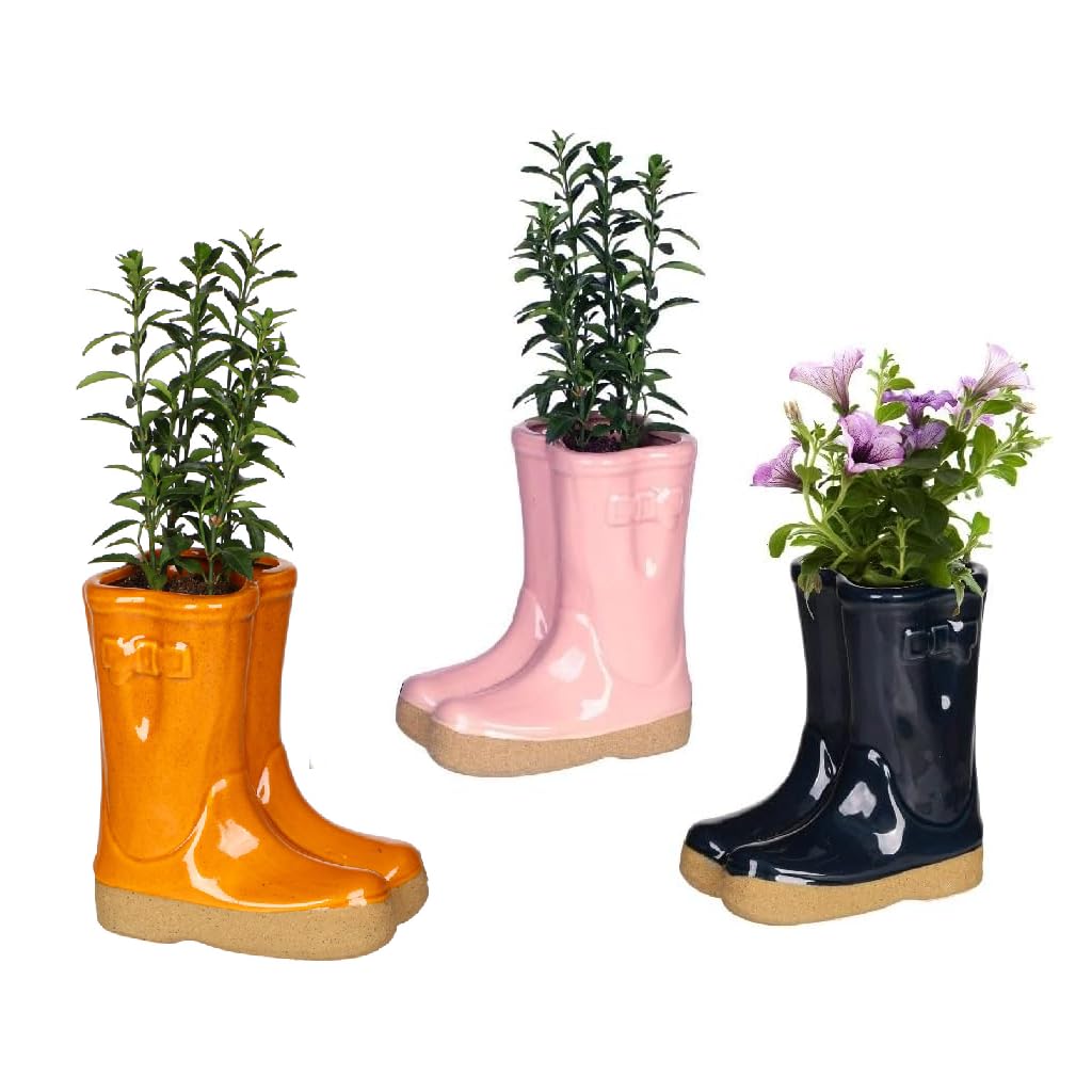 Dibor 3 Ceramic Plant Pots Garden Wellington Boot Flower Pot Planter Set
