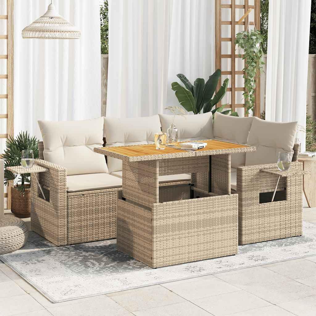 Salon de Jardin modulable 5 pièces Beige en résine tressée avec Coussins, Table réglable, Rangement intégré idéal pour terrasse, Balcon, Patio et Espace détente extérieur
