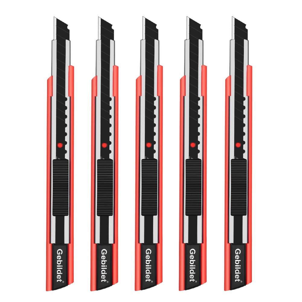 Gebildet 5pcs Right and Left Hand Self-Lock Cutter Knife/Black 9mm Snap Off Blades /60° Blace Knife/Utility Knife/Graphic Knife (Red Holder)