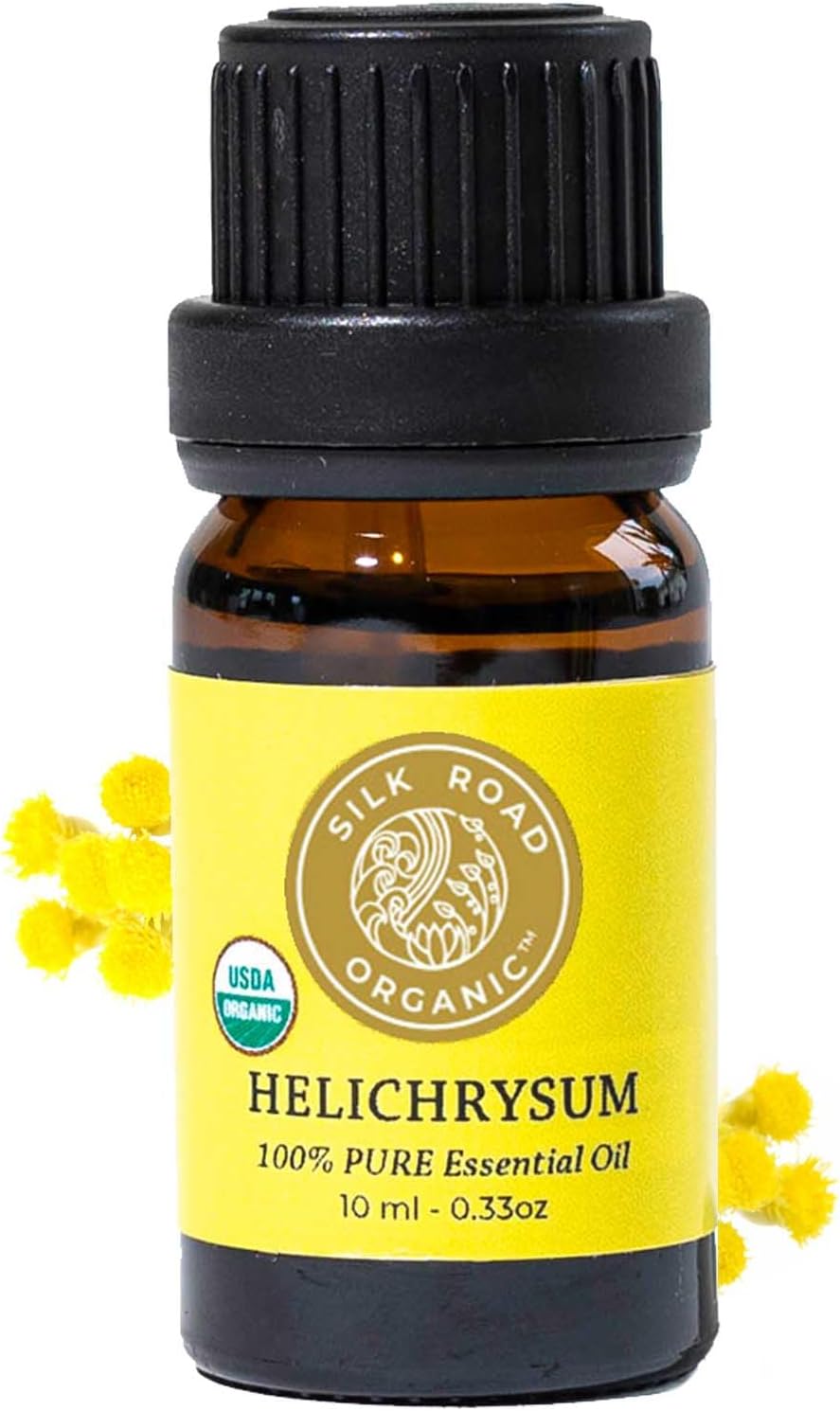 Silk Road Organic Helichrysum Italicum Essential Oil for Skin Care, Wrinkles, Scars, Bruises โ 10ml Undiluted Euro Dropper, USDA Certified Immortelle Oil - Always Pure, Always Organic