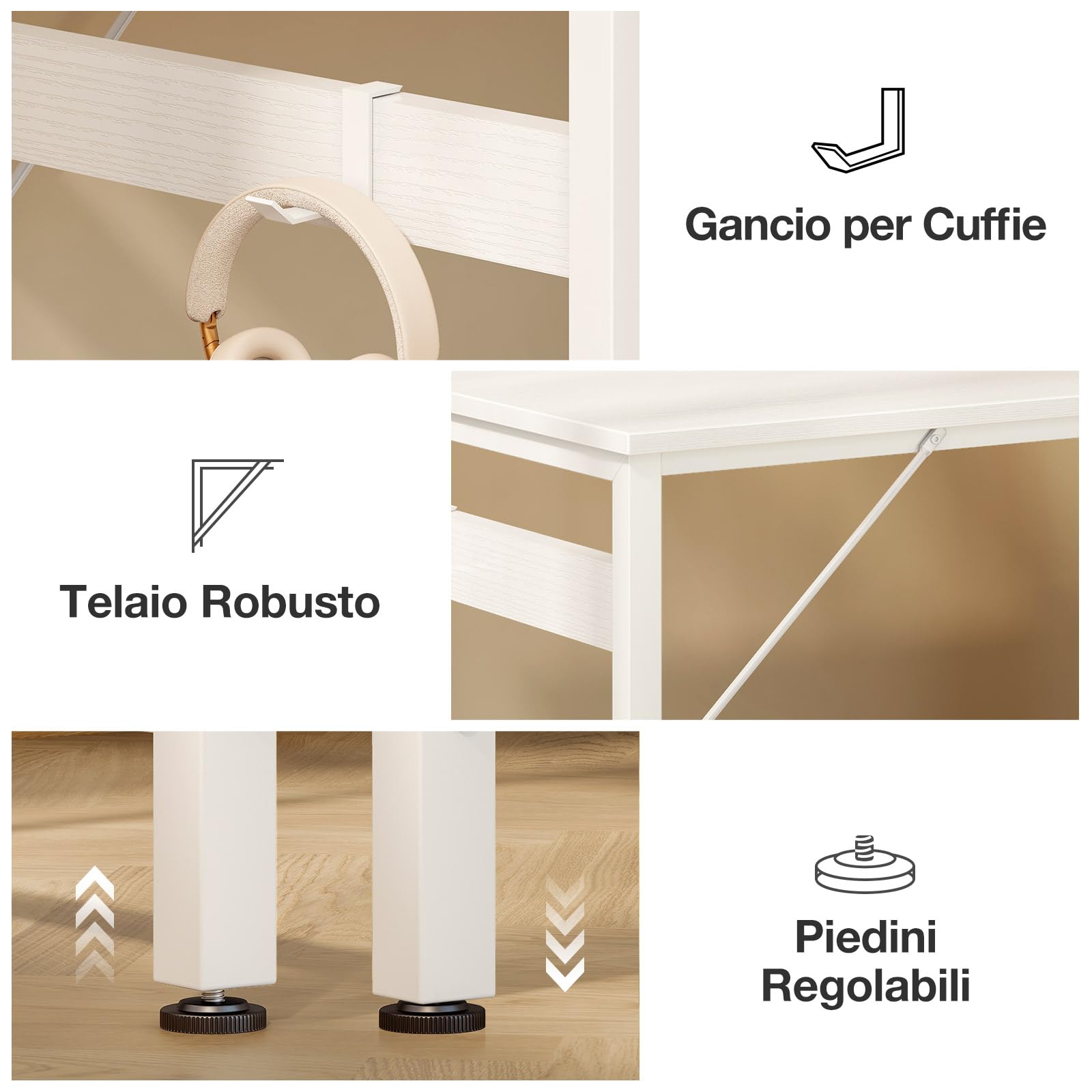 ODK Scrivania con 4 Cassetti in Tessuto, 120x48cm Tavolo per Computer con Gancio per Cuffie, Scrivania Ufficio Reversibile per Uffici e Postazioni di Lavoro, Bianco