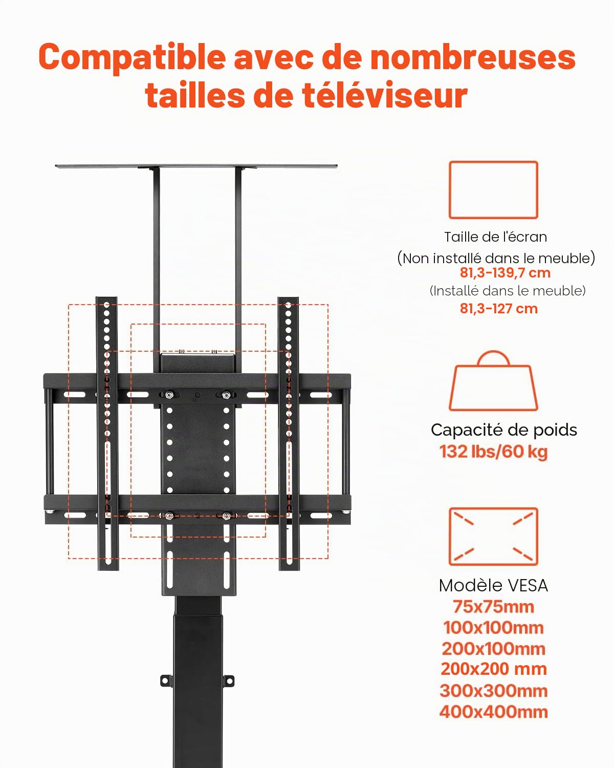 VEVOR Support TV Motorisé Réglable, Fixation TV Charge de 60 kg, Accroche Téléviseur Max. VESA 400x400 mm, pour Écran 32-55 po/81,3-140 cm (Pas dans l'Armoire) ou 32-50 po/81,3-127 cm (dans l'Armoire)