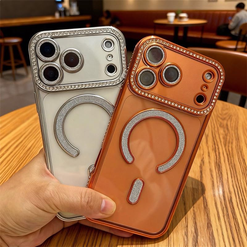 Image of DIZORO Compatible with (iPhone 17 Pro Max Case) Clear Luxury Diamond Glitter Case |Camera Lens Protector with Glitter Ring | Premium Shockproof Glossy Shiny Back Cover Case for Girls Women -Orange